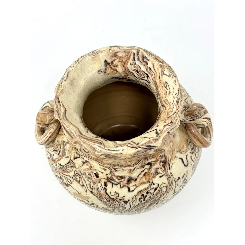Japanese Nerikomi Neriage Marbled Agateware Pottery Vase with Ring Handles